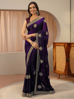 Libas - Purple Beads and Stones Tissue Saree with Unstitched Blouse