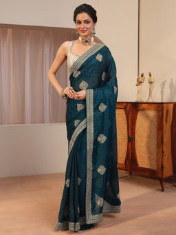 Libas - Teal Beads and Stones Tissue Saree with Unstitched Blouse