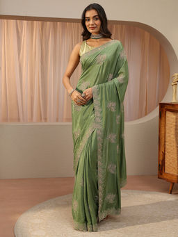 Libas - Green Beads and Stones Satin Saree with Unstitched Blouse