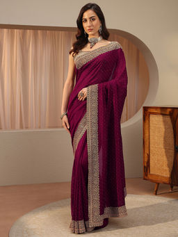 Libas - Maroon Beads and Stones Silk Blend Saree with Unstitched Blouse