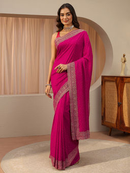 Libas - Pink Beads and Stones Silk Blend Saree with Unstitched Blouse