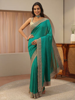 Libas - Green Beads and Stones Silk Blend Saree with Unstitched Blouse