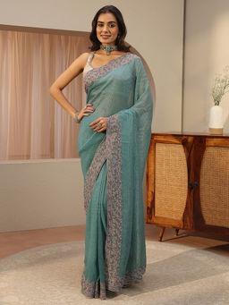 Libas - Blue Beads and Stones Tissue Saree with Unstitched Blouse