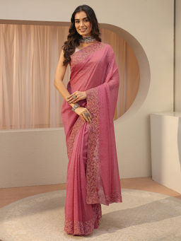 Libas - Peach Beads and Stones Tissue Saree with Unstitched Blouse