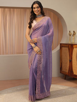 Libas - Lavender Beads and Stones Tissue Saree with Unstitched Blouse