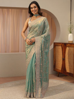 Libas - Blue Beads and Stones Tissue Saree with Unstitched Blouse