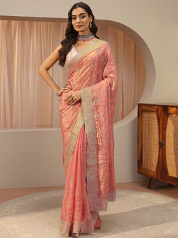 Libas - Peach Beads and Stones Tissue Saree with Unstitched Blouse