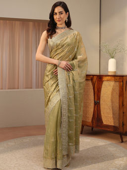 Libas - Green Beads and Stones Tissue Saree with Unstitched Blouse