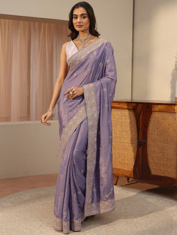 Libas - Lavender Beads and Stones Satin Saree with Unstitched Blouse