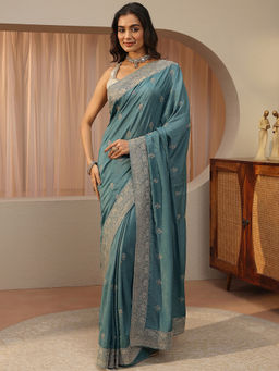 Libas - Blue Beads and Stones Satin Saree with Unstitched Blouse