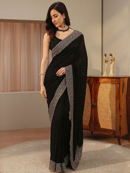 Libas - Black Beads and Stones Silk Blend Saree with Unstitched Blouse