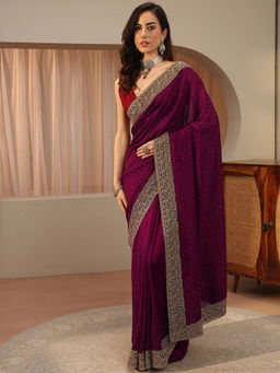 Libas - Maroon Beads and Stones Silk Blend Saree with Unstitched Blouse