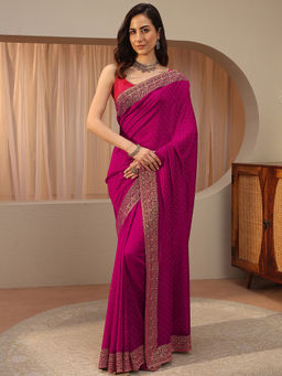 Libas - Pink Beads and Stones Silk Blend Saree with Unstitched Blouse