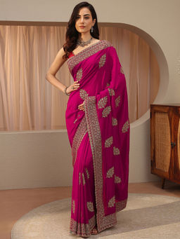 Libas - Pink Beads and Stones Silk Blend Saree with Unstitched Blouse