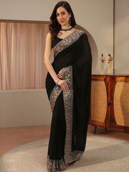 Libas - Black Beads and Stones Silk Blend Saree with Unstitched Blouse
