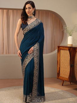 Libas - Blue Beads and Stones Silk Blend Saree with Unstitched Blouse