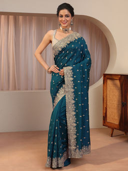 Libas - Blue Beads and Stones Silk Blend Saree with Unstitched Blouse