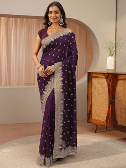 Libas - Purple Beads and Stones Silk Blend Saree with Unstitched Blouse
