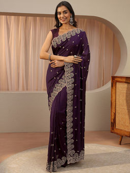 Libas - Purple Embroidered Silk Blend Saree with Unstitched Blouse