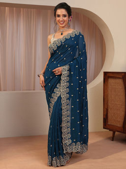 Libas - Blue Embroidered Silk Blend Saree with Unstitched Blouse