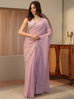 Libas - Lavender Beads and Stones Tissue Saree with Unstitched Blouse