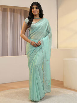 Libas - Blue Beads and Stones Tissue Saree with Unstitched Blouse