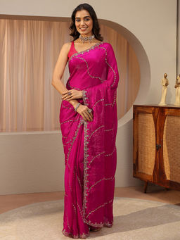 Libas - Pink Embellished/Sequined Tissue Saree with Unstitched Blouse