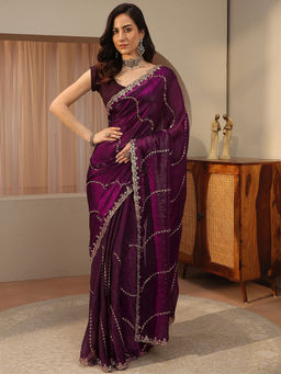 Libas - Burgundy Embellished/Sequined Tissue Saree with Unstitched Blouse