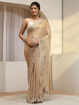 Libas - Gold Beads and Stones Tissue Saree with Unstitched Blouse