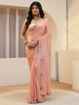 Libas - Peach Beads and Stones Tissue Saree with Unstitched Blouse