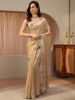 Libas - Beige Beads and Stones Tissue Saree with Unstitched Blouse
