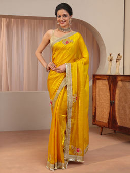 Libas - Mustard Embellished/Sequined Tissue Saree with Unstitched Blouse
