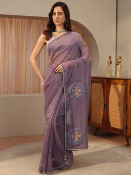 Libas - Lavender Embellished/Sequined Tissue Saree with Unstitched Blouse