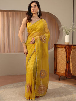 Libas - Mustard Embellished/Sequined Tissue Saree with Unstitched Blouse