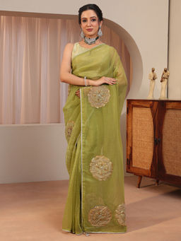 Libas - Green Embellished/Sequined Tissue Saree with Unstitched Blouse