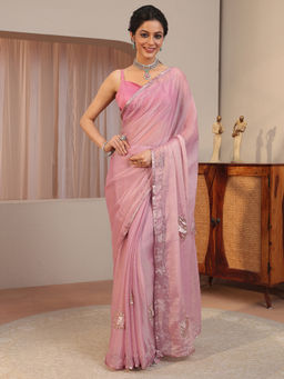 Libas - Pink Beads and Stones Tissue Saree with Unstitched Blouse