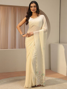 Libas - Cream Beads and Stones Tissue Saree with Unstitched Blouse