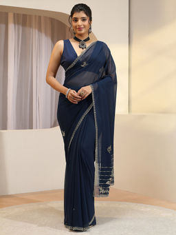 Libas - Navy Blue Beads and Stones Georgette Saree with Unstitched Blouse
