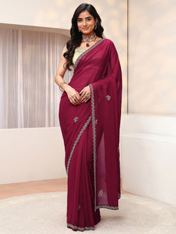 Libas - Pink Beads and Stones Georgette Saree with Unstitched Blouse