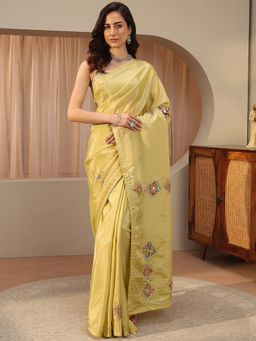 Libas - Mustard Mirror Work Tissue Saree with Unstitched Blouse