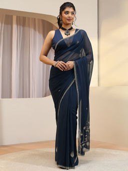 Libas - Navy Blue Beads and Stones Georgette Saree with Unstitched Blouse