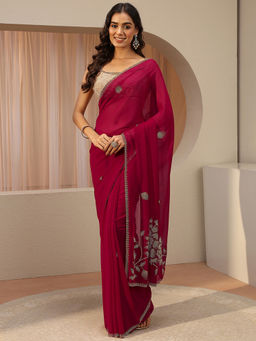 Libas - Pink Beads and Stones Georgette Saree with Unstitched Blouse
