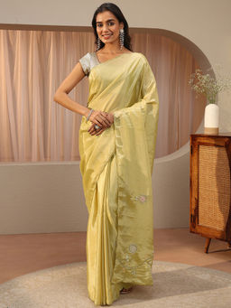 Libas - Green Beads and Stones Tissue Saree with Unstitched Blouse