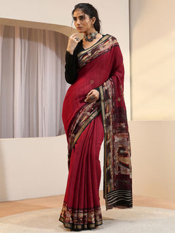 Libas - Red Mirror Work Silk Blend Saree with Unstitched Blouse