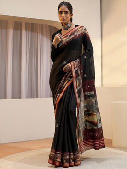 Libas - Black Mirror Work Silk Blend Saree with Unstitched Blouse