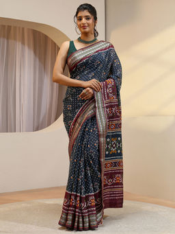 Libas - Navy Blue Printed Silk Blend Saree with Unstitched Blouse