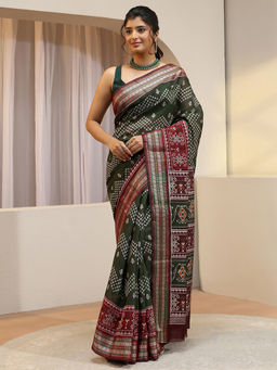 Libas - Green Printed Silk Blend Saree with Unstitched Blouse