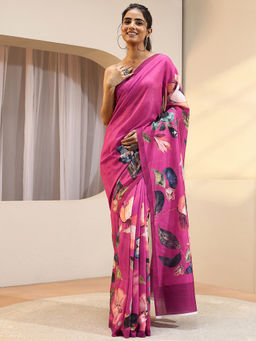 Libas - Pink Printed Silk Blend Saree with Unstitched Blouse