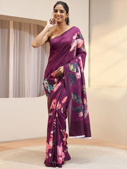 Libas - Burgundy Printed Silk Blend Saree with Unstitched Blouse