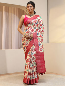 Libas - Cream Zari Silk Blend Saree with Unstitched Blouse